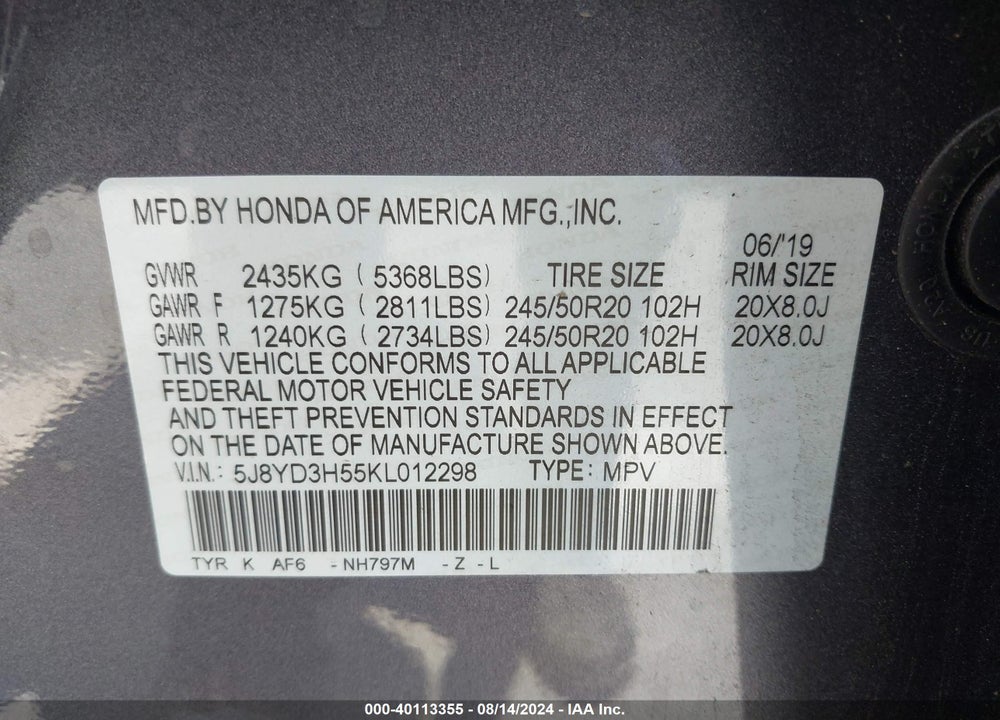 2019 ACURA MDX TECH PKG VIN: 5J8YD3H55KL012298