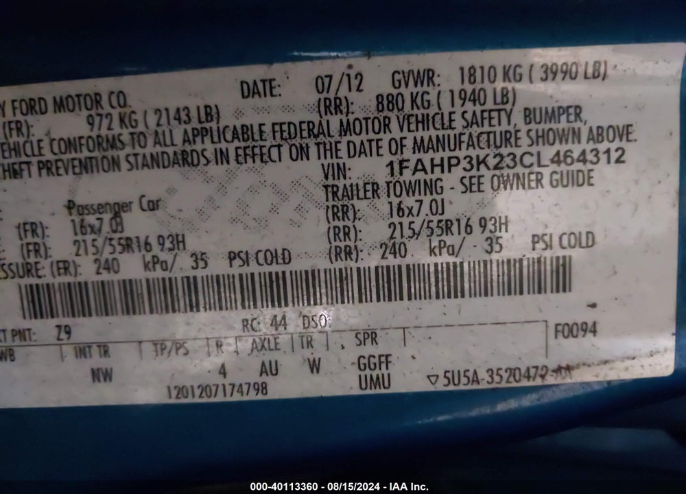 2012 FORD FOCUS SE VIN: 1FAHP3K23CL464312