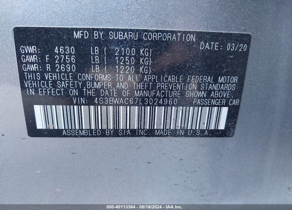 2020 SUBARU LEGACY PREMIUM VIN: 4S3BWAC67L3024960