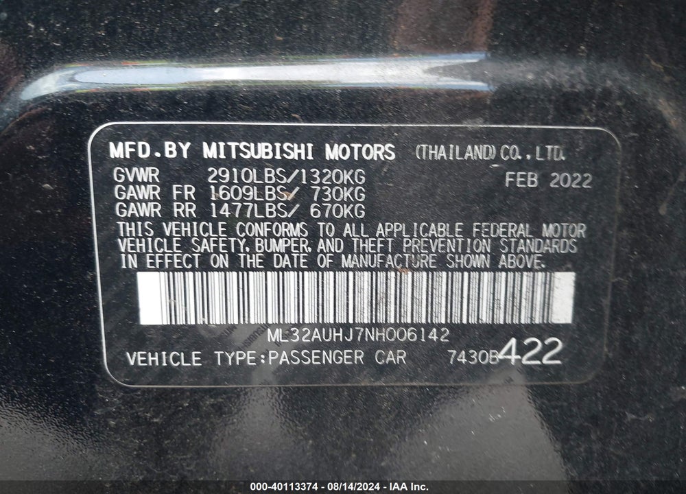 2022 MITSUBISHI MIRAGE ES/LE VIN: ML32AUHJ7NH006142