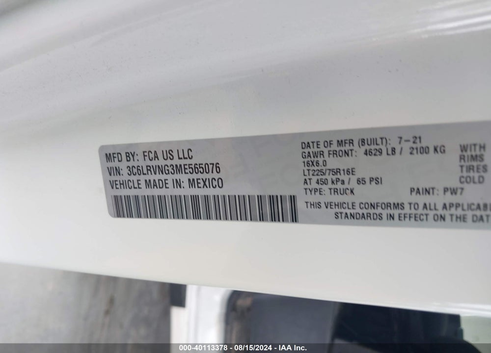 2021 RAM PROMASTER 1500 LOW ROOF 118 WB VIN: 3C6LRVNG3ME565076