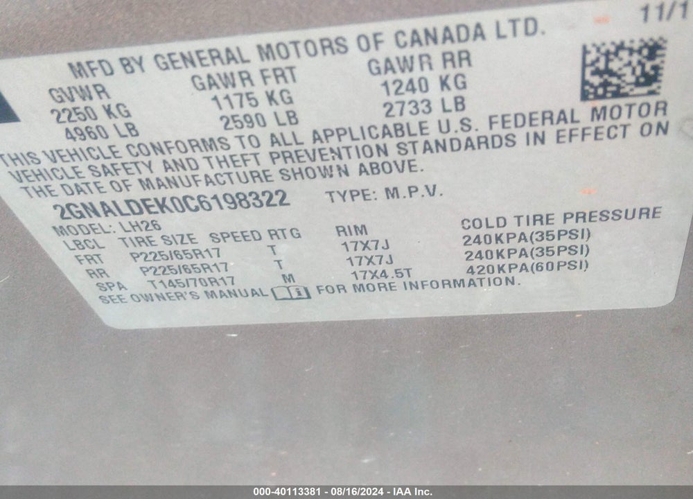 2012 CHEVROLET EQUINOX 1LT VIN: 2GNALDEK0C6198322