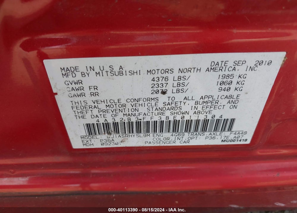 2011 MITSUBISHI GALANT ES/SE VIN: 4A32B3FF3BE011304