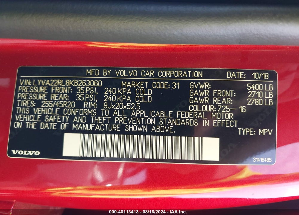 2019 VOLVO XC60 T6 INSCRIPTION VIN: LYVA22RL8KB263060