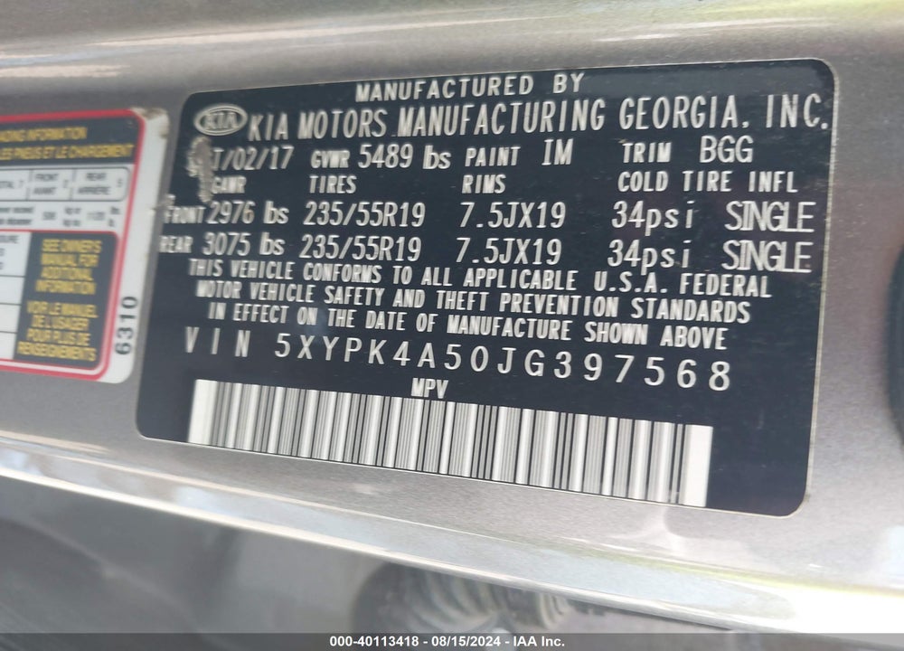 2018 KIA SORENTO 3.3L SX VIN: 5XYPK4A50JG397568