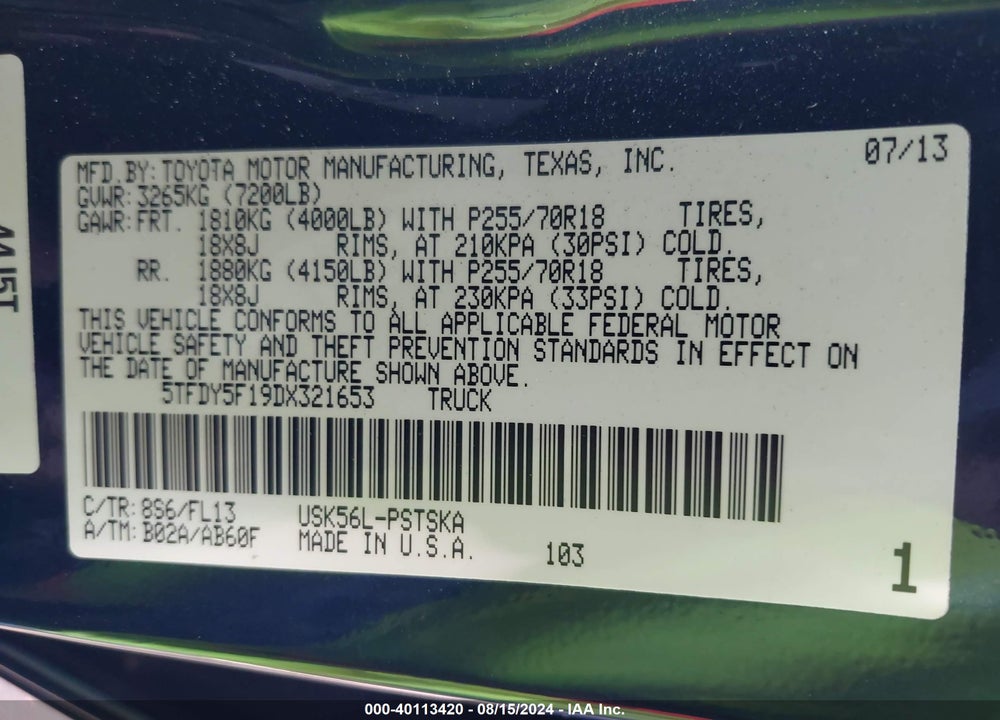 2013 TOYOTA TUNDRA GRADE 5.7L V8 VIN: 5TFDY5F19DX321653