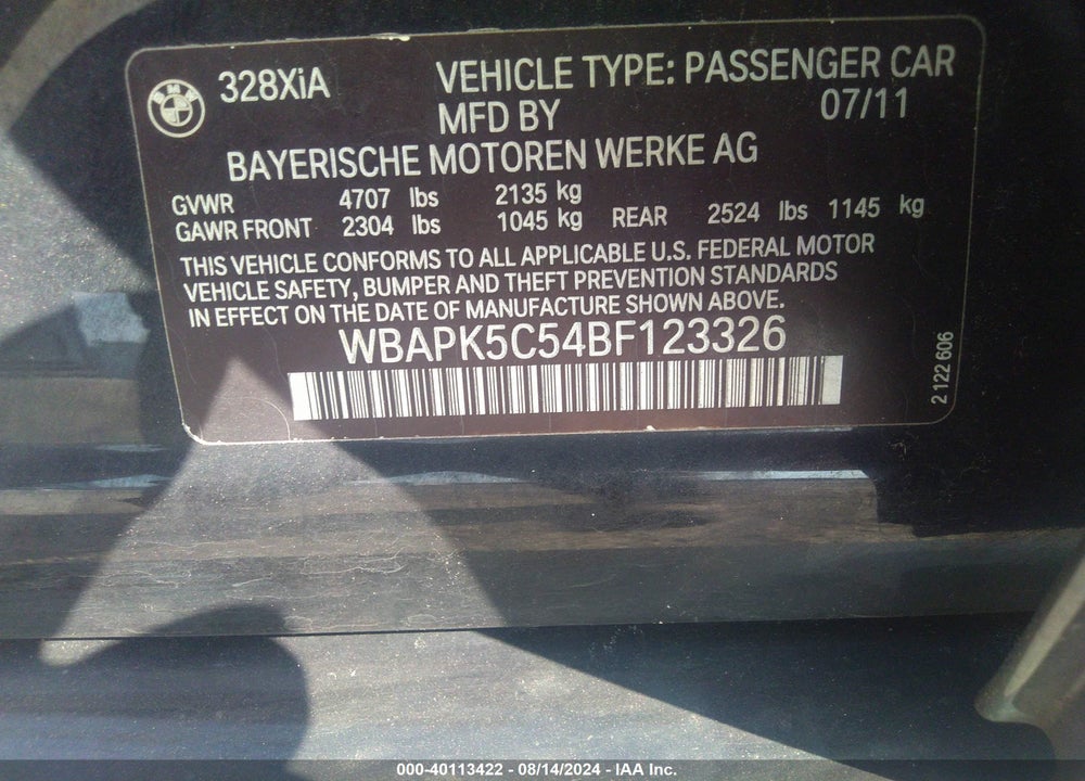 2011 BMW 328I XDRIVE VIN: WBAPK5C54BF123326