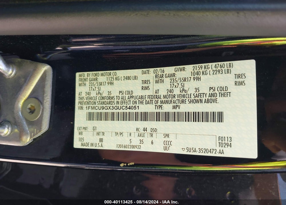 2016 FORD ESCAPE SE VIN: 1FMCU9GX3GUC54051