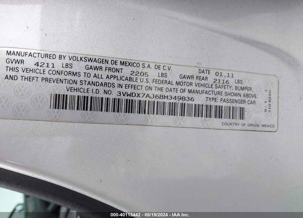 2011 VOLKSWAGEN JETTA 2.5L SE VIN: 3VWDX7AJ6BM349836