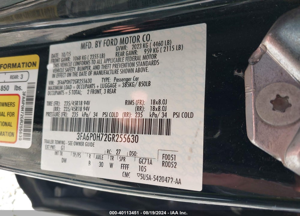 2016 FORD FUSION SE VIN: 3FA6P0H72GR255630