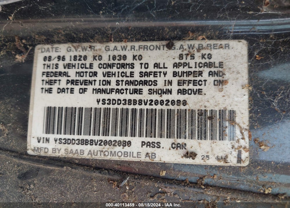 1997 SAAB 900 VIN: YS3DD38B8V2002080