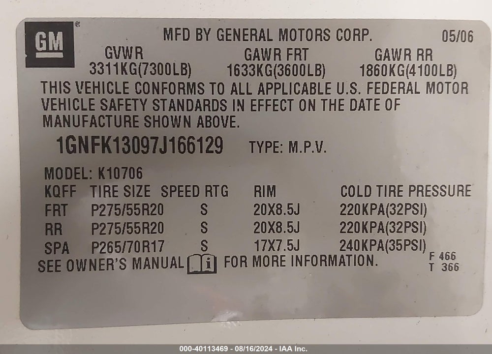 2007 CHEVROLET TAHOE LTZ VIN: 1GNFK13097J166129
