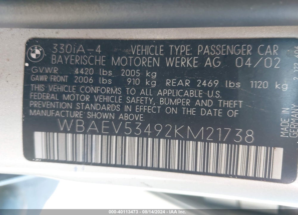 2002 BMW 330I VIN: WBAEV53492KM21738