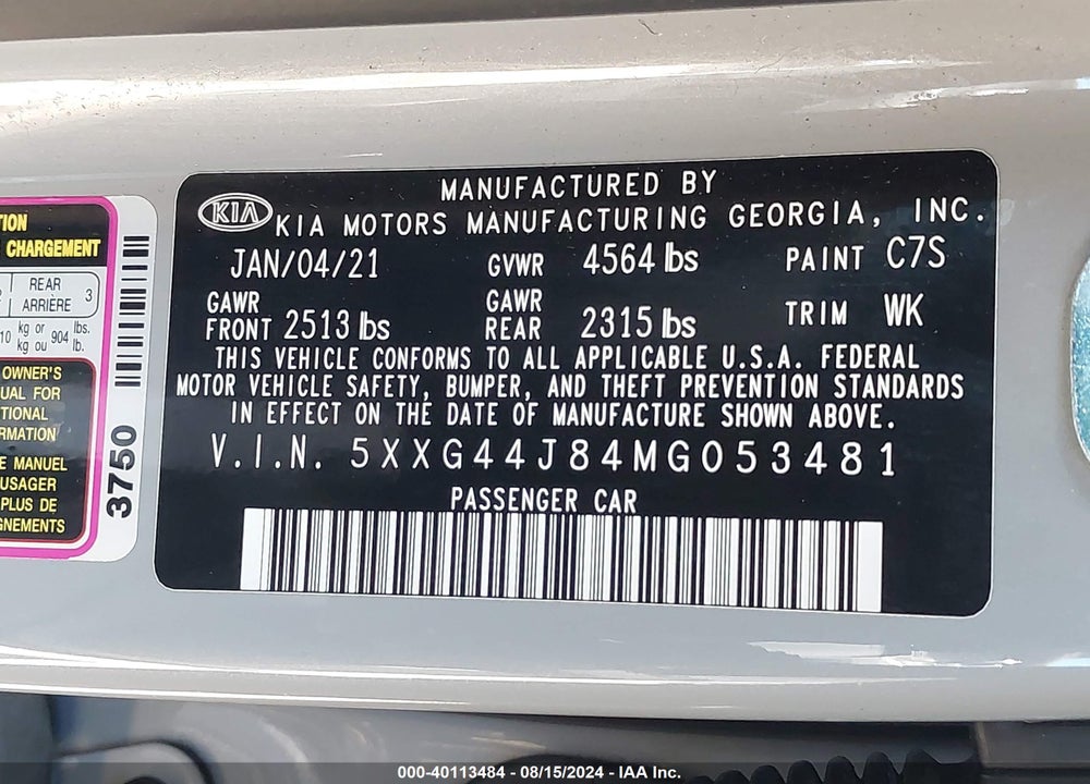 2021 KIA K5 VIN: 5XXG44J84MG053481