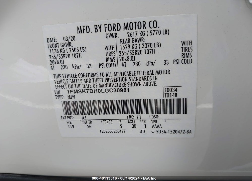2020 FORD EXPLORER XLT VIN: 1FMSK7DH0LGC30981