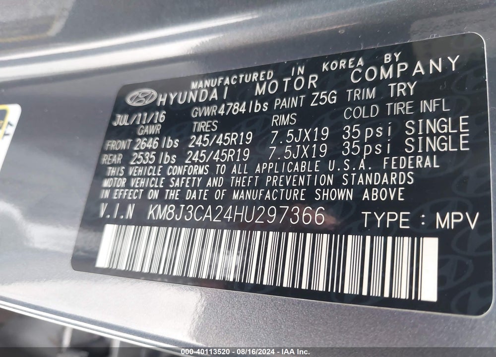 2017 HYUNDAI TUCSON LIMITED VIN: KM8J3CA24HU297366