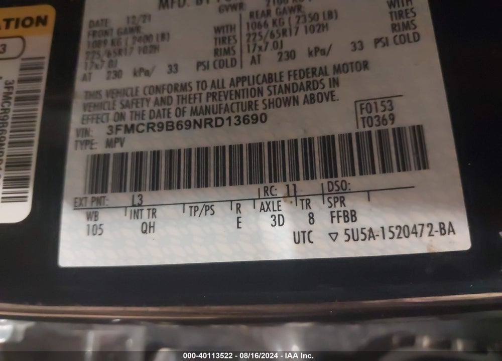 2022 FORD BRONCO SPORT BIG BEND VIN: 3FMCR9B69NRD13690