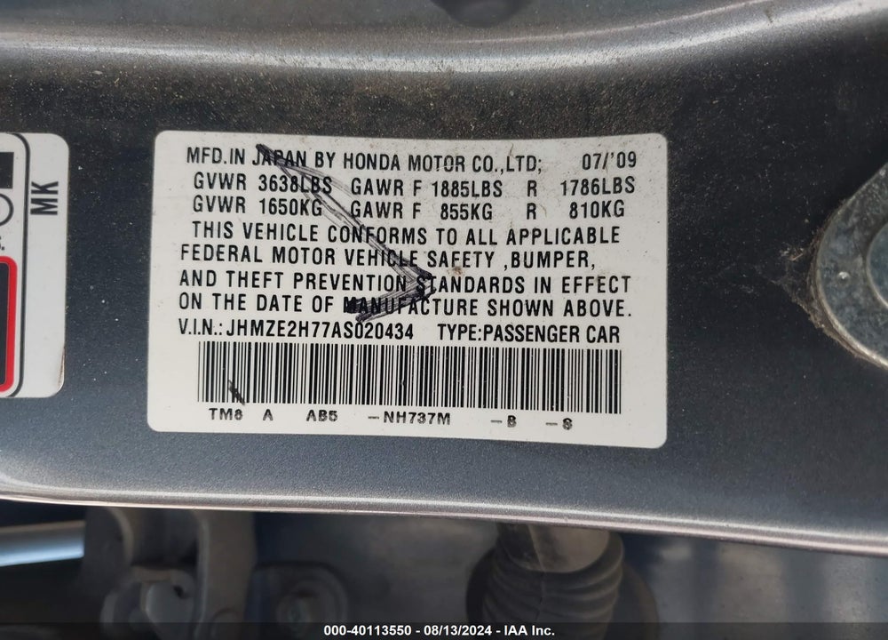 2010 HONDA INSIGHT EX VIN: JHMZE2H77AS020434