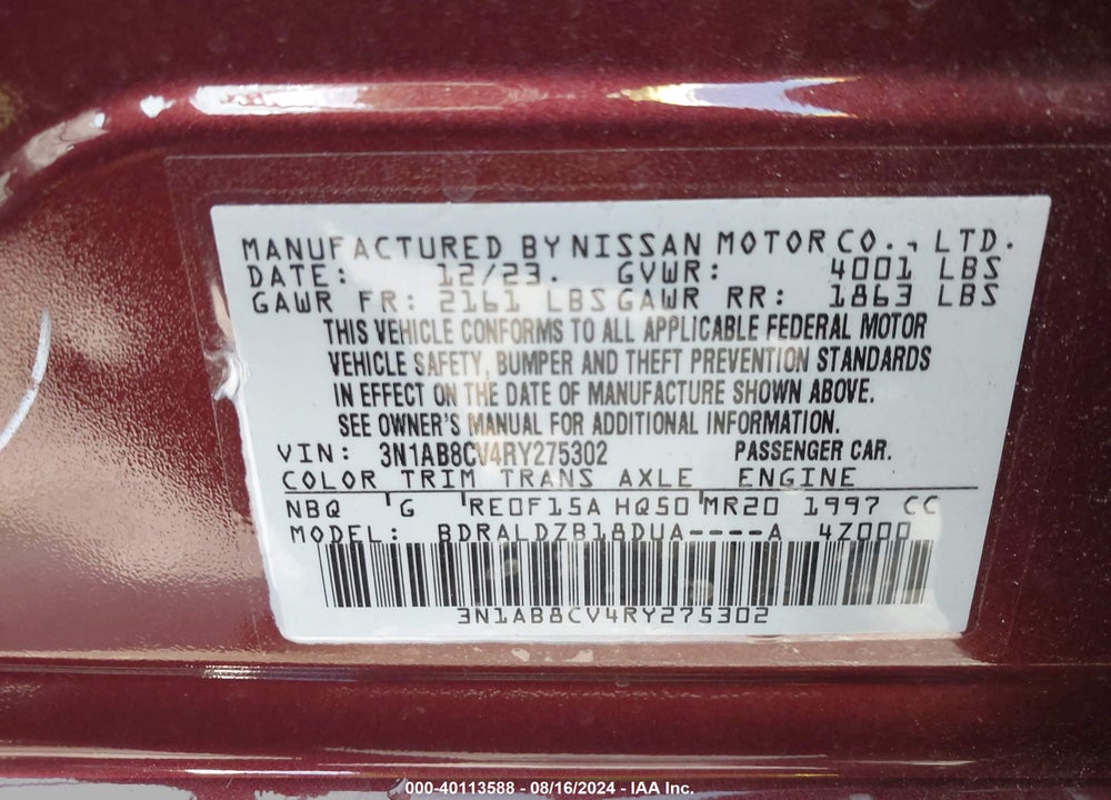2024 NISSAN SENTRA SV XTRONIC CVT VIN: 3N1AB8CV4RY275302