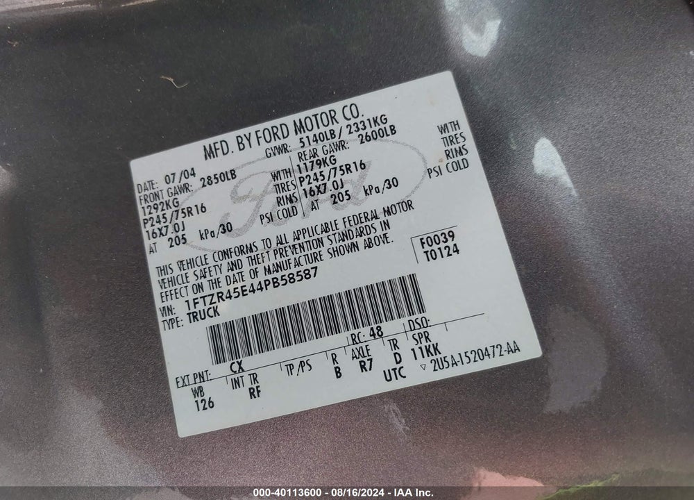 2004 RANGER FORD  EDGE/TREMOR/XLT VIN: 1FTZR45E44PB58587