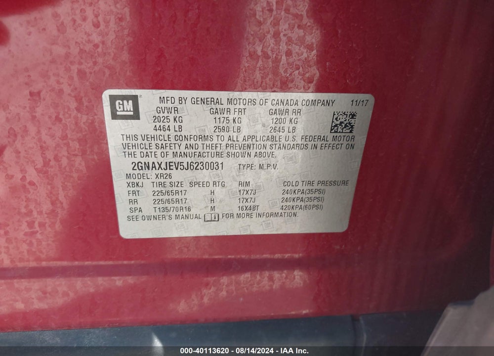 2018 CHEVROLET EQUINOX VIN: 2GNAXJEV5J6230031