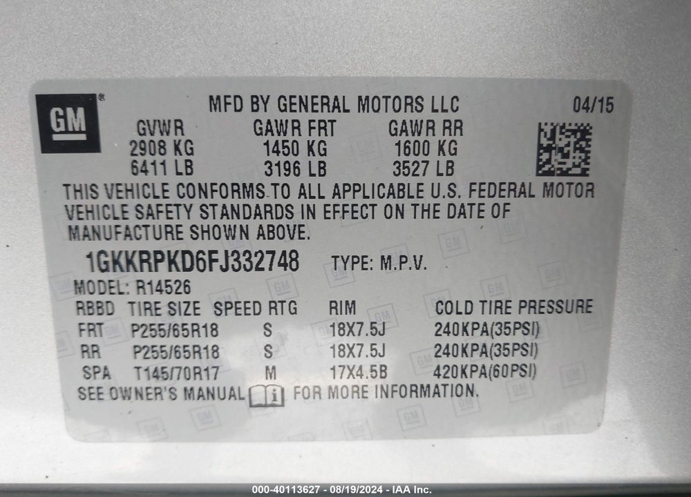 2015 GMC ACADIA SLE-2 VIN: 1GKKRPKD6FJ332748