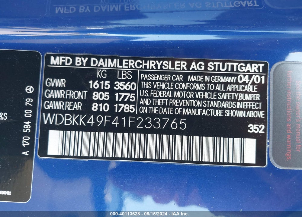 2001 MERCEDES-BENZ SLK 230 KOMPRESSOR VIN: WDBKK49F41F233765