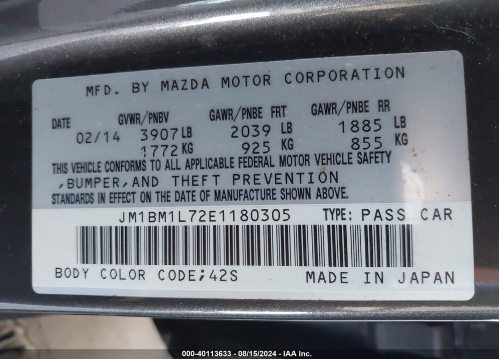 2014 MAZDA 3 I TOURING VIN: JM1BM1L72E1180305