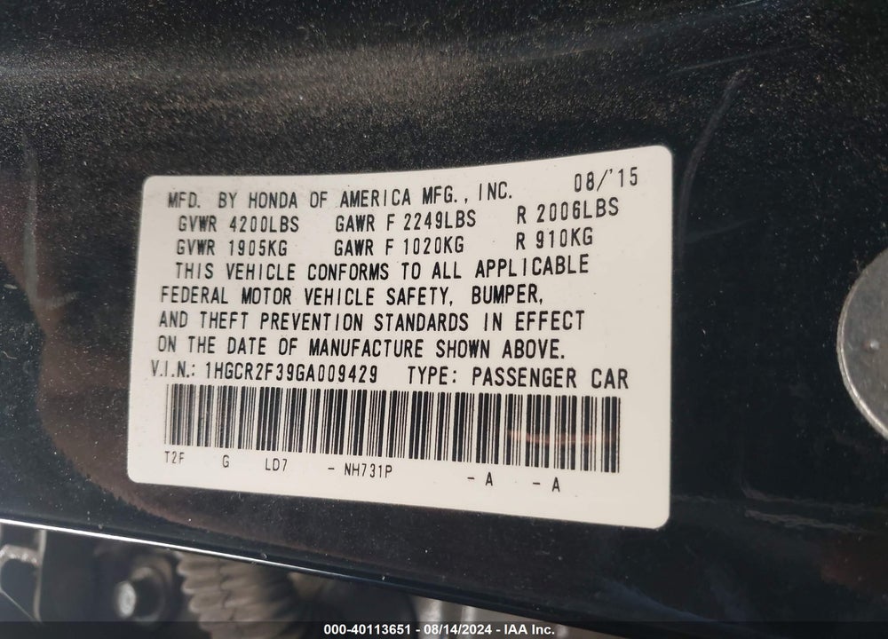 2016 HONDA ACCORD LX VIN: 1HGCR2F39GA009429