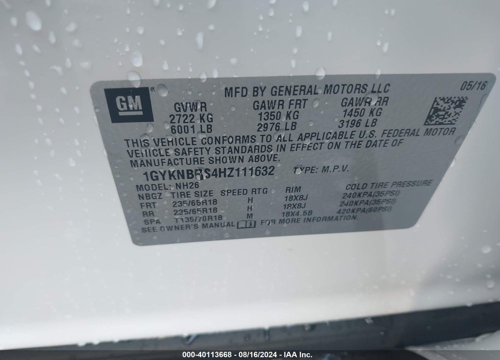 2017 CADILLAC XT5 LUXURY VIN: 1GYKNBRS4HZ111632
