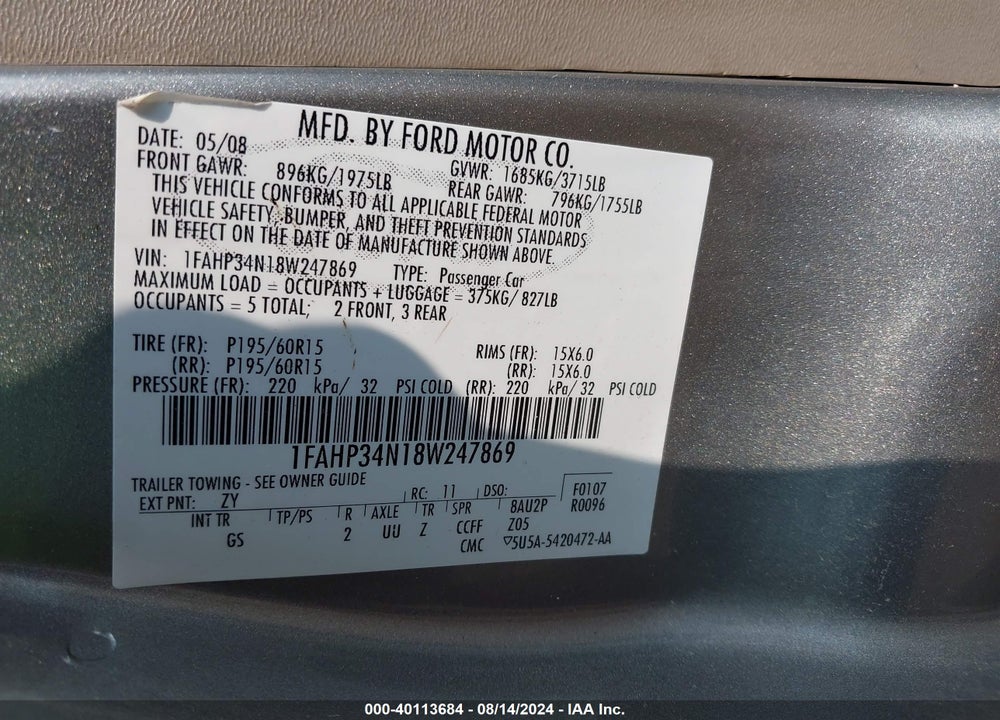 2008 FORD FOCUS S VIN: 1FAHP34N18W247869