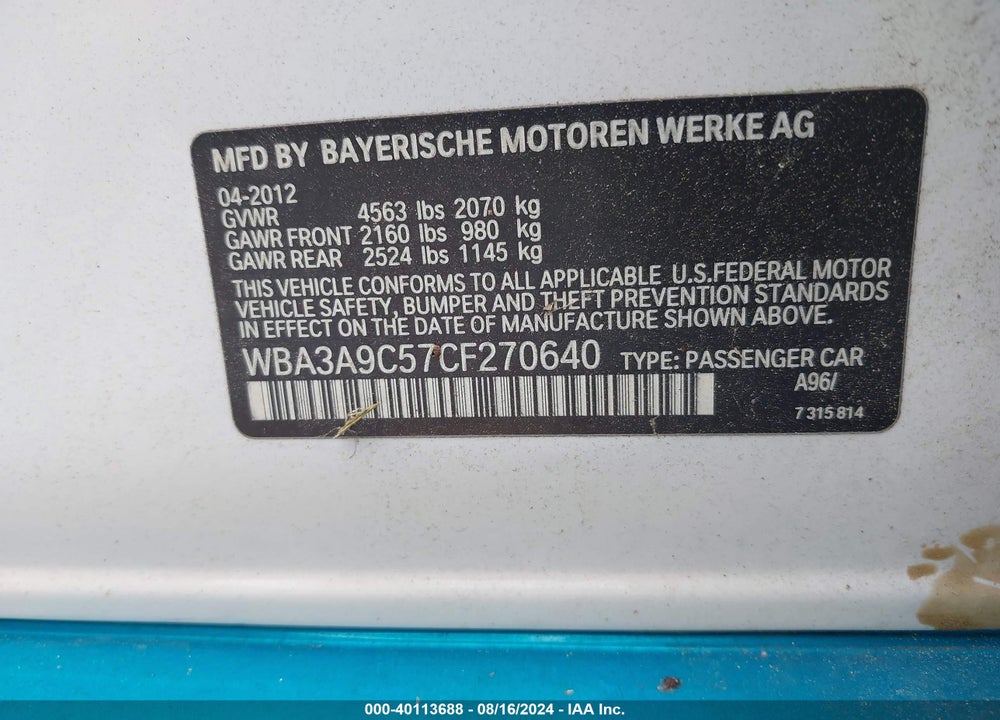 2012 BMW 335I VIN: WBA3A9C57CF270640