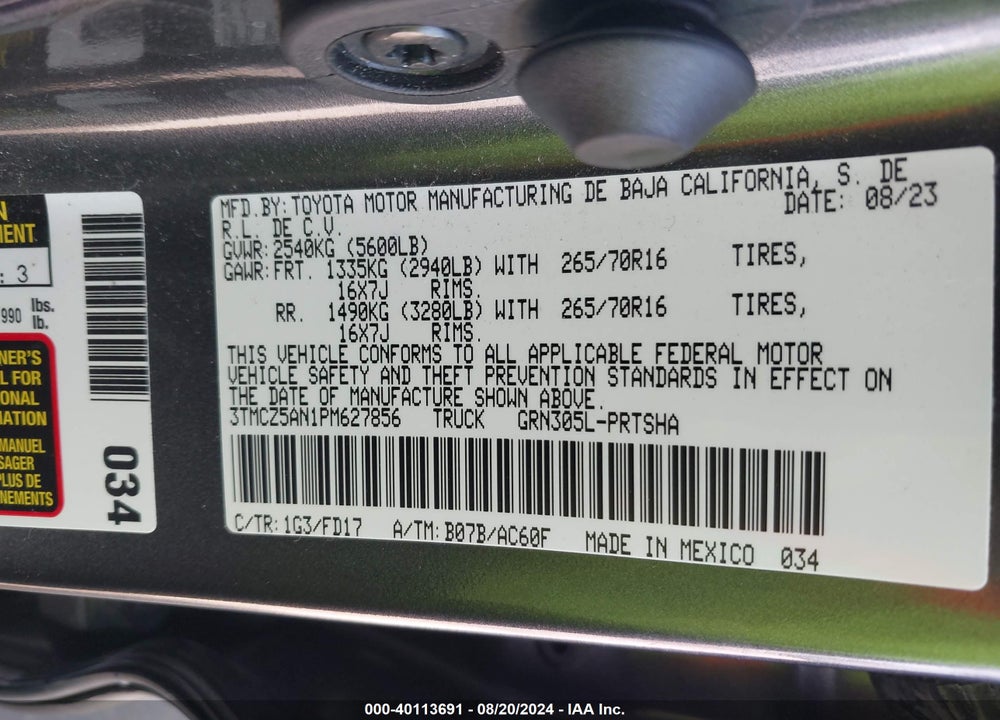 2023 TOYOTA TACOMA TRD OFF ROAD VIN: 3TMCZ5AN1PM627856