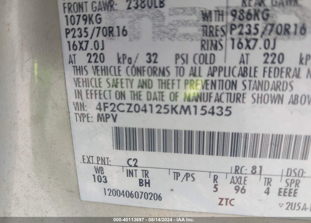 2005 MAZDA TRIBUTE S VIN: 4F2CZ04125KM15435