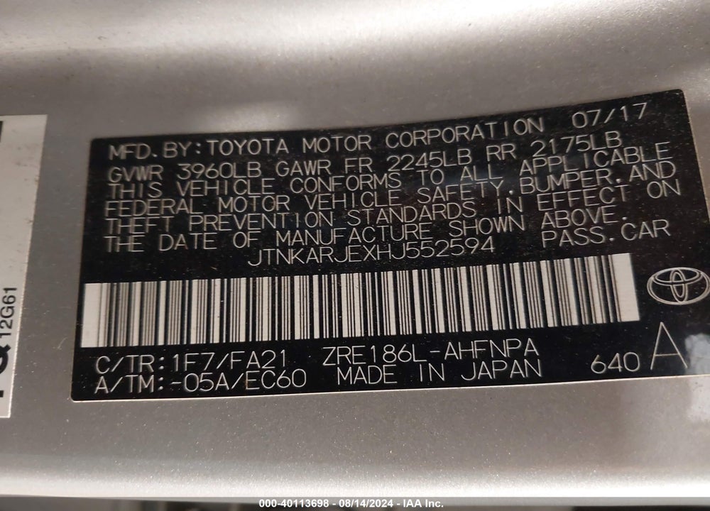 2017 TOYOTA COROLLA IM VIN: JTNKARJEXHJ552594