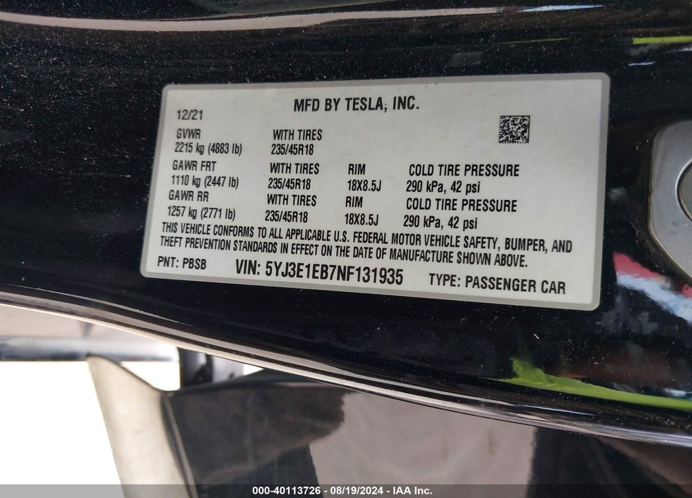 2022 TESLA MODEL 3 LONG RANGE DUAL MOTOR ALL-WHEEL DRIVE VIN: 5YJ3E1EB7NF131935