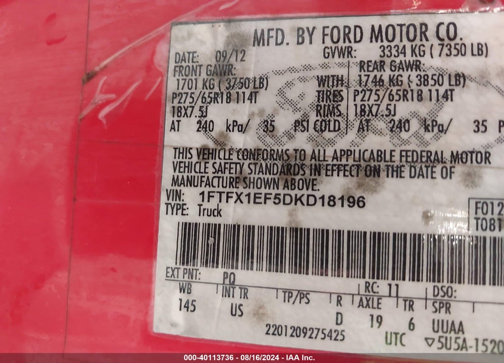 2013 FORD F-150 XLT VIN: 1FTFX1EF5DKD18196