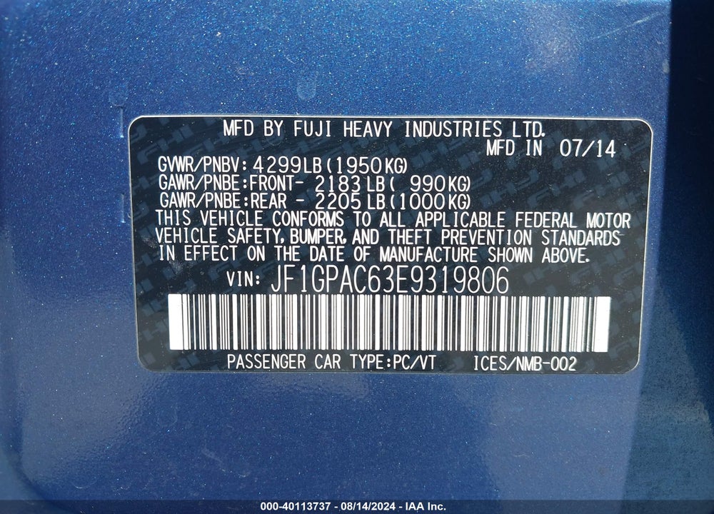 2014 SUBARU IMPREZA 2.0I PREMIUM VIN: JF1GPAC63E9319806