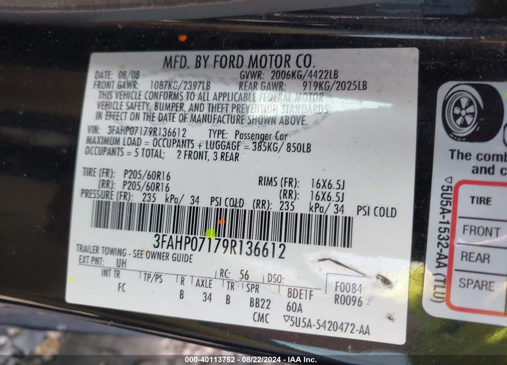 2009 FORD FUSION SE VIN: 3FAHP07179R136612
