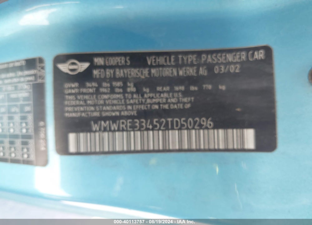 2002 MINI COOPER S VIN: WMWRE33452TD50296