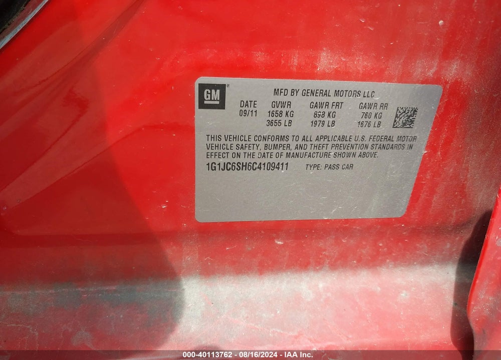 2012 CHEVROLET SONIC 2LT VIN: 1G1JC6SH6C4109411