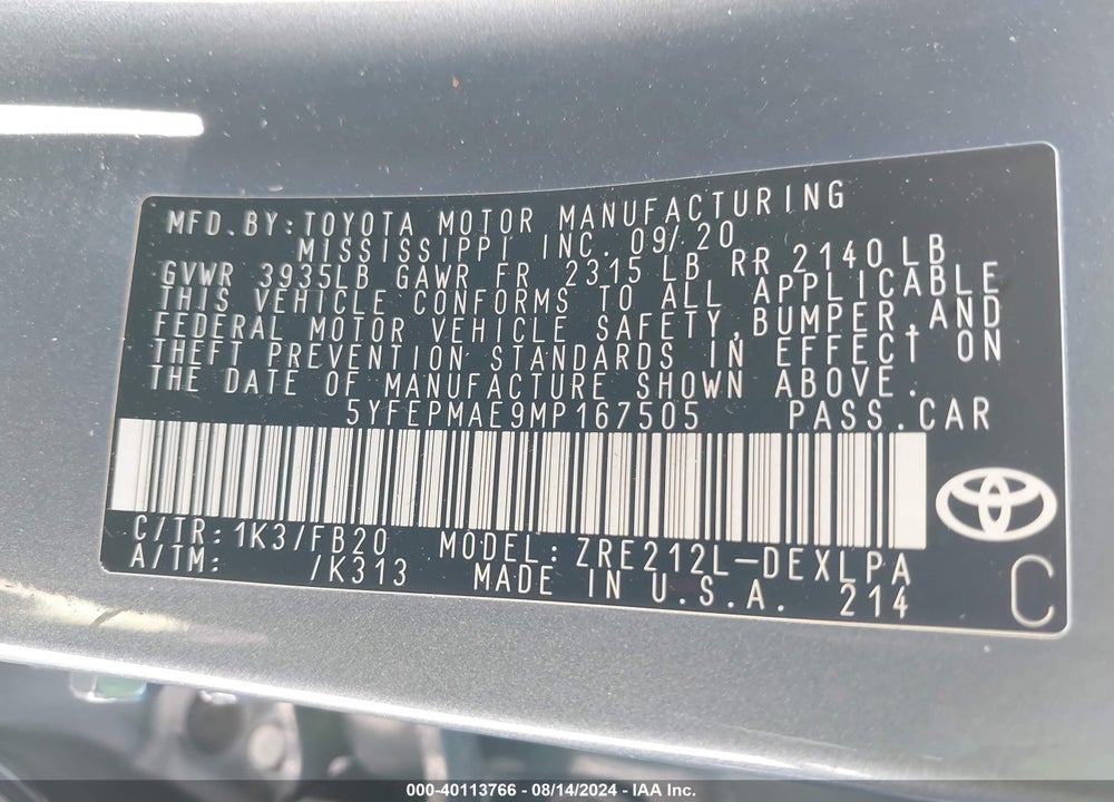 2021 TOYOTA COROLLA LE VIN: 5YFEPMAE9MP167505