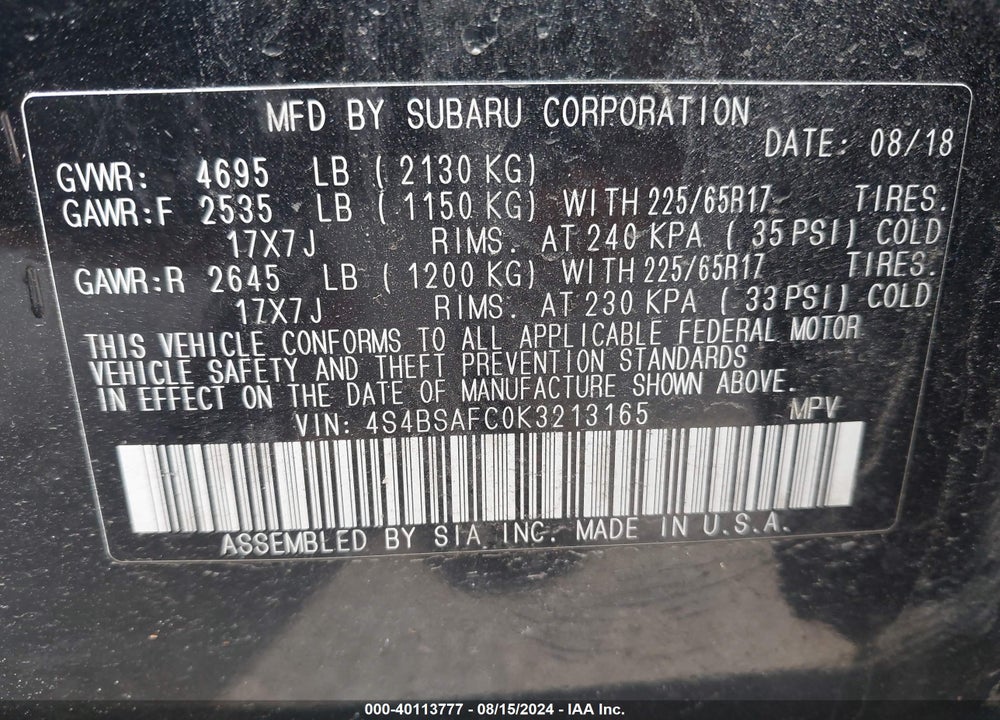 2019 SUBARU OUTBACK 2.5I PREMIUM VIN: 4S4BSAFC0K3213165