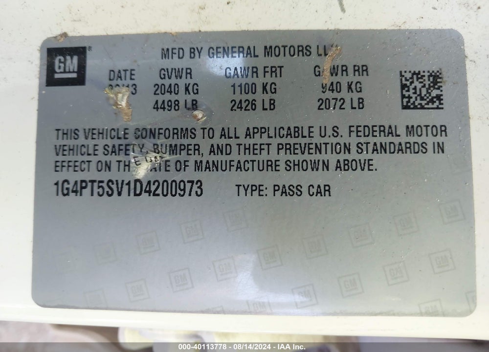 2013 BUICK VERANO PREMIUM GROUP VIN: 1G4PT5SV1D4200973