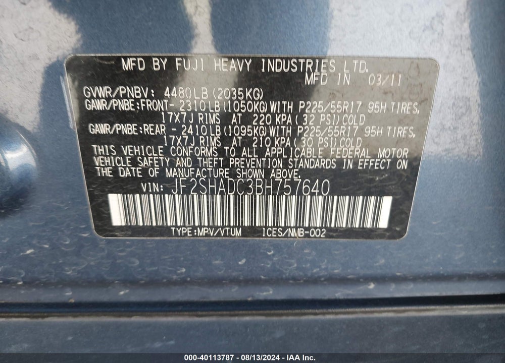 2011 SUBARU FORESTER 2.5X PREMIUM VIN: JF2SHADC3BH757640