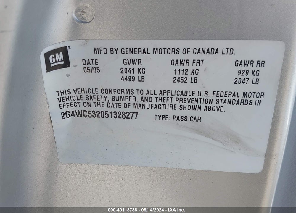 2005 BUICK LACROSSE CX VIN: 2G4WC532051328277