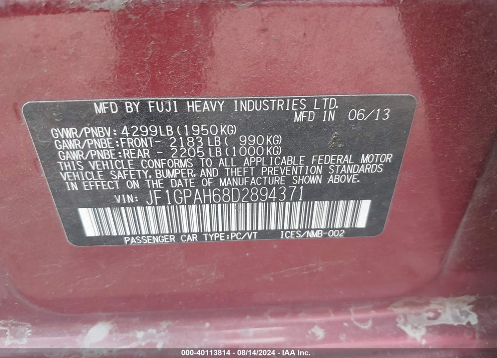2013 SUBARU IMPREZA 2.0I LIMITED VIN: JF1GPAH68D2894371