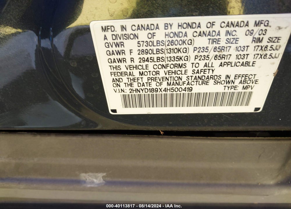 2004 ACURA MDX VIN: 2HNYD189X4H500419