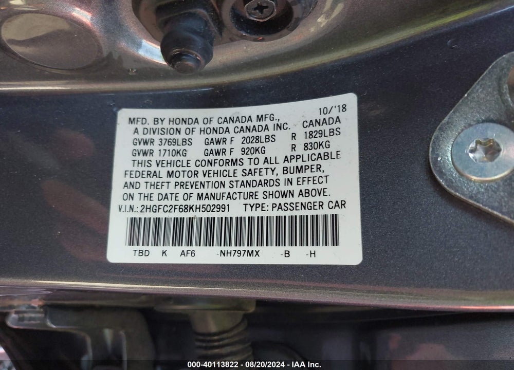 2019 HONDA CIVIC LX VIN: 2HGFC2F68KH502991