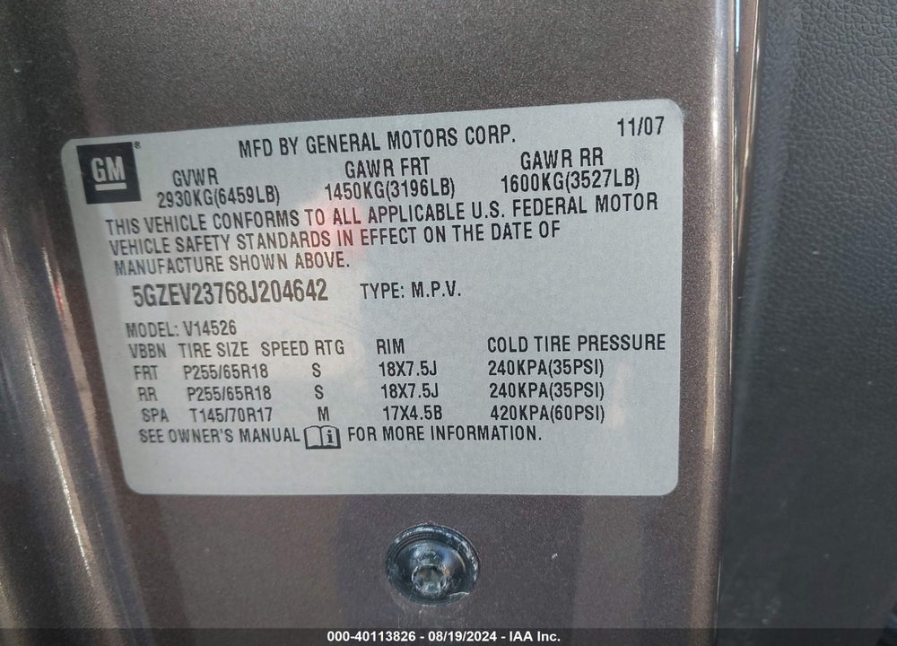 2008 SATURN OUTLOOK XR VIN: 5GZEV23768J204642